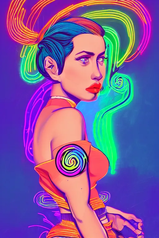 Image similar to a award winning portrait of a beautiful woman with stunning eyes in a one off shoulder croptop and cargo pants with rainbow colored hair, outlined by whirling illuminated neon lines and fine lines swirling in circles by rhads, digital art, trending on artstation