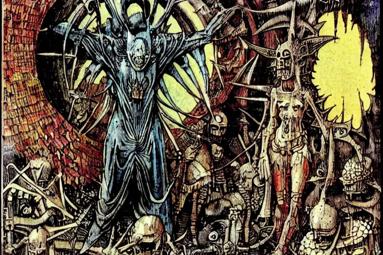 Prompt: fallen angel begs to enter the gates of hell by philippe druillet and moebius and hieronymus bosch