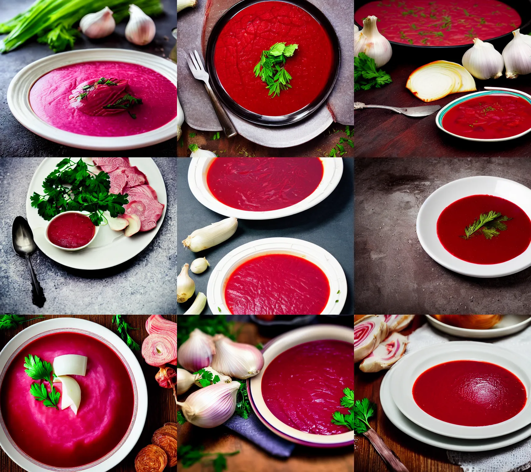 Prompt: plate of borscht, near pampushka and sliced salo, hyper realistic, extremely detailed, foodphoto, photorealism, garlic on background, side view, bokeh, epic lightning, yamy!!