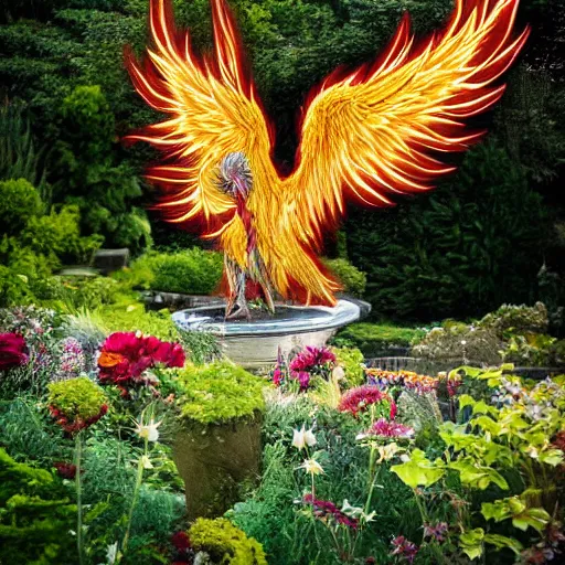 Image similar to a realistic depiction of a phoenix if it existed in real life inside a beautiful cottagecore styled garden outside the home of a rich king, national geographic, photography, high resolution