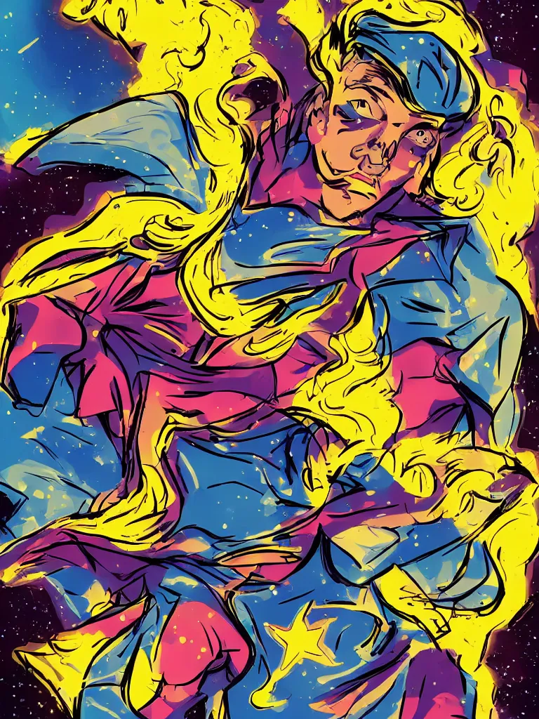 Prompt: magic universe wind coming out of a computer screen, mystical shootingstars, artstation, comic style, pop art, Jack Kirby