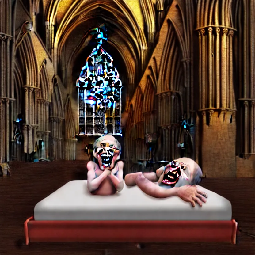 Prompt: a portrait of child sitting in a bed, screaming. the bed is inside a gothic cathedral. under the bed is a hideous laughing demon dressed as a catholic priest. religious symbols, digital art, hyperrealistic, nightmare, terrifying, supernatural, highly detailed, creepy