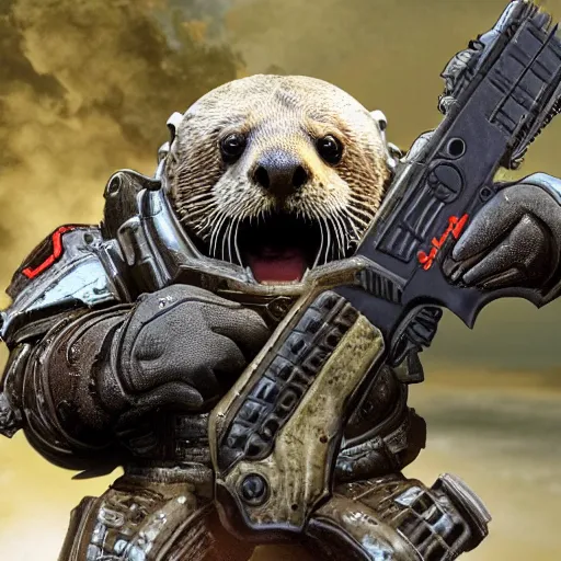 Image similar to a sea otter in gears of war armor firing a pistol