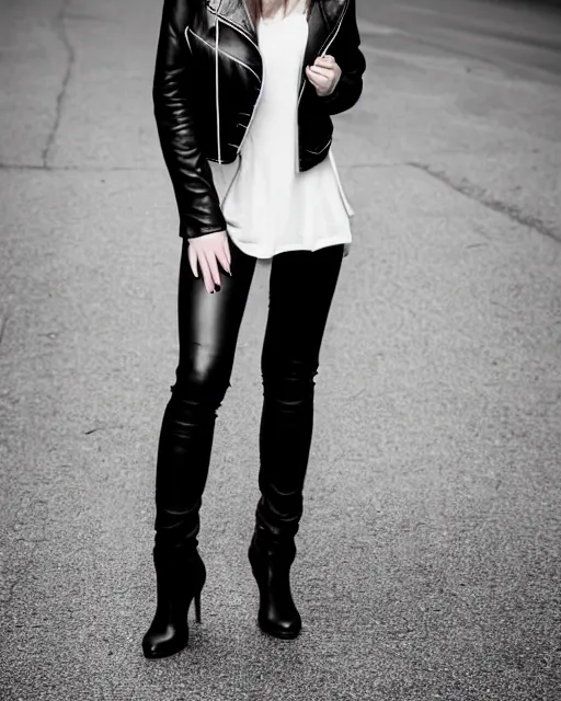 Image similar to young woman in her 20s, she wears a leather jacket and boots, full body shot, taken by a nikon, very detailed face