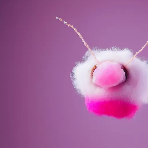 Prompt: photo of a cute caterpillar made of cotton candy that looks like a cute clown