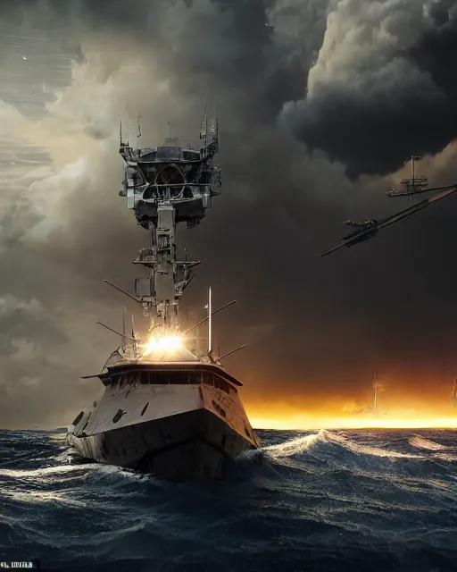 Image similar to scifi action scene of a fishing boat on stormy seas, a gigantic star destroyer spaceship flying overhead, the gigantic star destroyer spaceship is emerging from storm clouds, sunset lighting, stormy weather, dramatic lighting, unreal engine, hyper realism, realistic shading, cinematic composition, realistic render, octane render, detailed textures, photorealistic, ultrawide shot, 1 6 mm lens