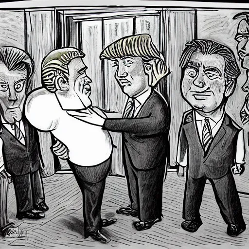 Image similar to a perfect hand drawn picture of donald trump being put into hand cuffs by fbi a gents outside of his florida country club, insanely detailed