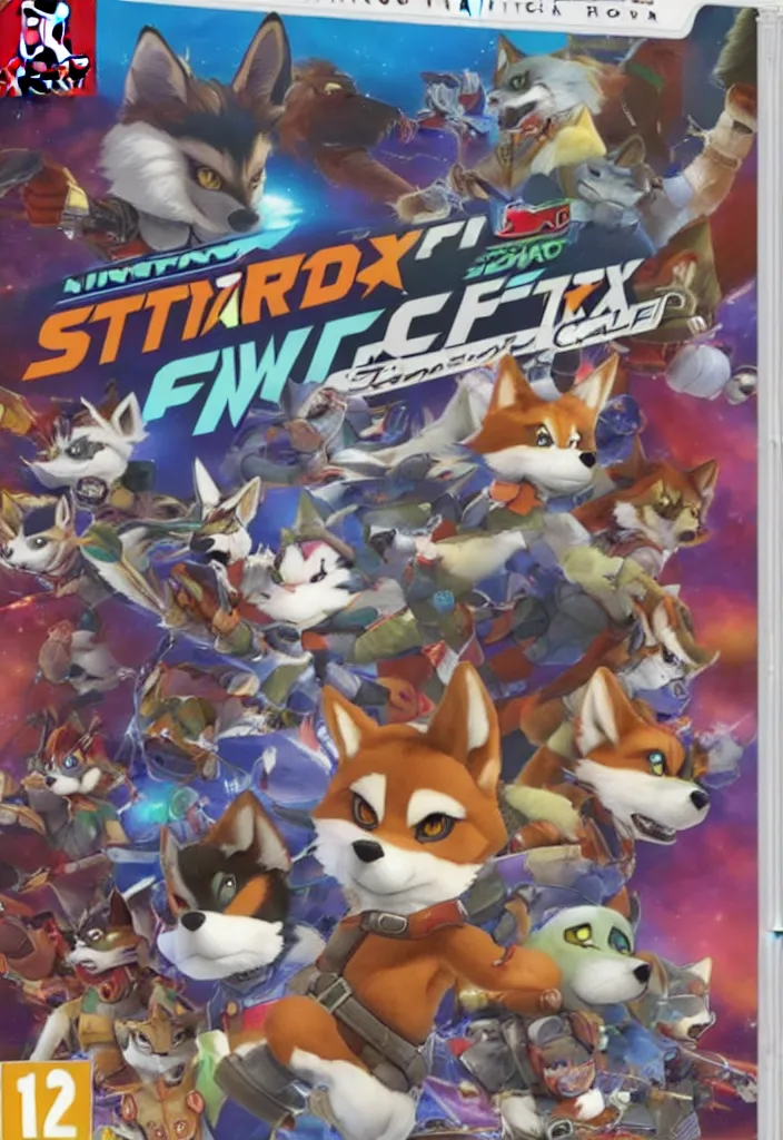 Image similar to nintendo switch box cover of a new starfox spinoff action game featuring anthro fursona furry wolf o'donnell and his space cadet crew, rated t for teen