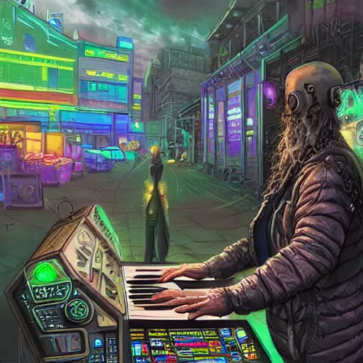 Prompt: cyberpunk goth homeless man cyborg playing a cyberpunk moog synthesizer at cyberpunk farmers market by william barlowe and pascal blanche and tom bagshaw and elsa beskow and enki bilal and franklin booth, neon rainbow vivid colors smooth, very fine high detail 3 5 mm lens photo 8 k resolution