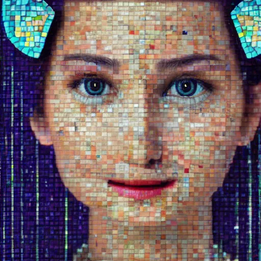 Image similar to portrait mosaic of a beautiful cute girl with robot ears and eyes, 4k, intricate details