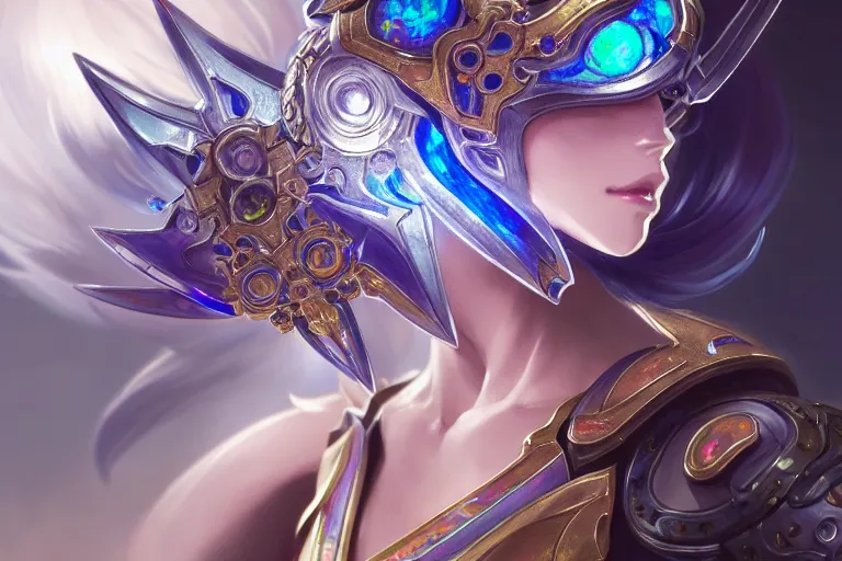 Image similar to anime iridescent opal cyborg shinobi, intricate ornate details, morandi color scheme, fantasy, elegant, highly detailed, wide angle, digital painting, artstation, concept art, smooth, sharp focus, illustration, wallpaper, splash art, league of legends, art by artgerm and greg rutkowski and alphonse mucha and jin xiaodi