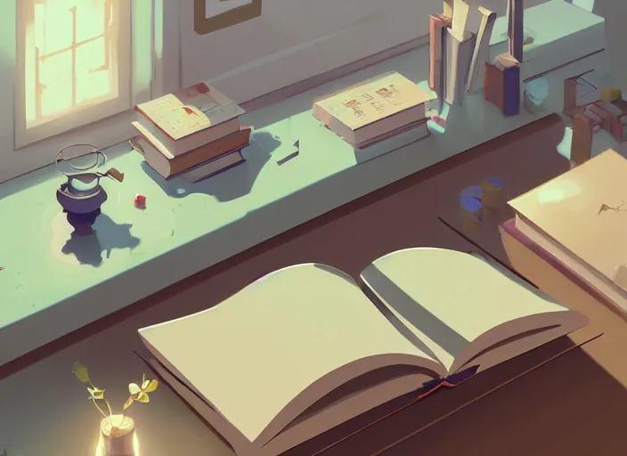Prompt: books on working table at home, detailed, cory loftis, james gilleard, atey ghailan, makoto shinkai, goro fujita, studio ghibli, rim light, exquisite lighting, clear focus, very coherent, plain background, soft painting by ashley wood, dynamic lighting, gradient light blue, brown, blonde cream and white color scheme, grunge aesthetic