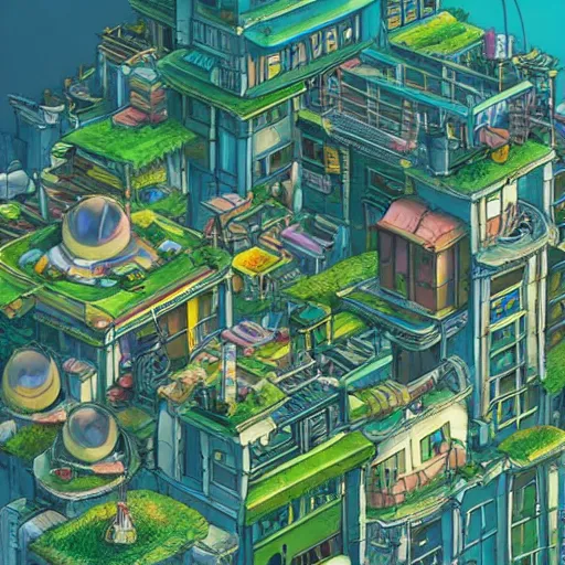Image similar to a solarpunk city in the style of studio ghibli
