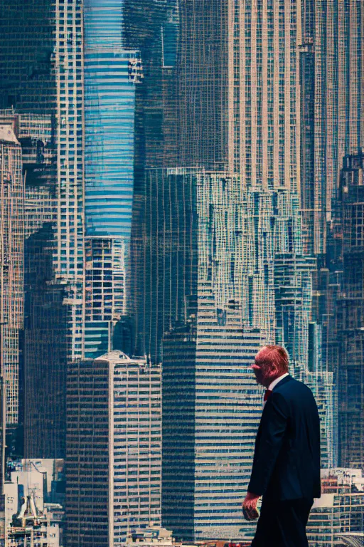 Prompt: larger than skyscrapers ginger middle aged man walks around the city, bird's eye, canon eos r 3, f / 1. 4, iso 2 0 0, 1 / 1 6 0 s, 8 k, raw