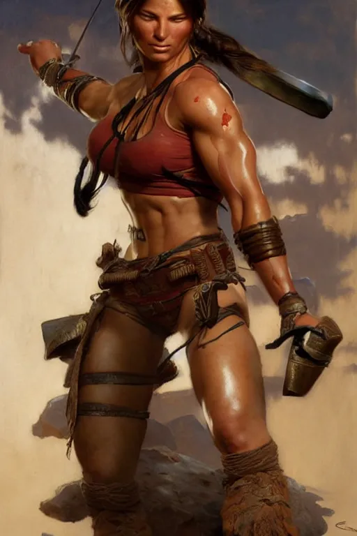 Prompt: muscular sweat lara croft as samurai, highly detailed painting by gaston bussiere, craig mullins, j. c. leyendecker 8 k