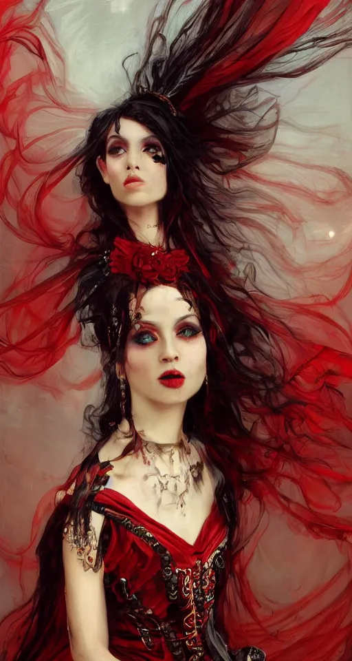 Image similar to one person only. One head only. Long flowing dress. Oversized flowing swirling dress floating very ornate dress . Solomon Joseph Solomon and Richard Schmid and Jeremy Lipking victorian genre painting portrait painting of a young beautiful woman punk rock goth with punk rock haircut in fantasy costume, red background