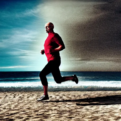 Image similar to Walter White running on the beach, artistic, 8k, cinematic, accurate, symetric, face, dramatic lighting, pastel colours, hdr