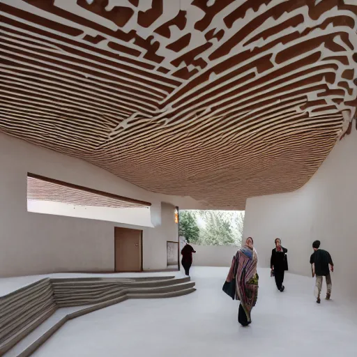 Image similar to indoor photo of a complex cultural building made of 3 d printed rammed earth, people walking