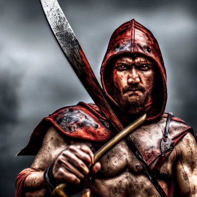 Image similar to warrior with big axe and executioner's hood, highly detailed, 8 k, hdr, smooth, sharp focus, high resolution, award - winning photo