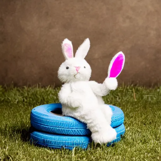 Image similar to a cute easter bunny sitting on a tire, studio photo, high quality