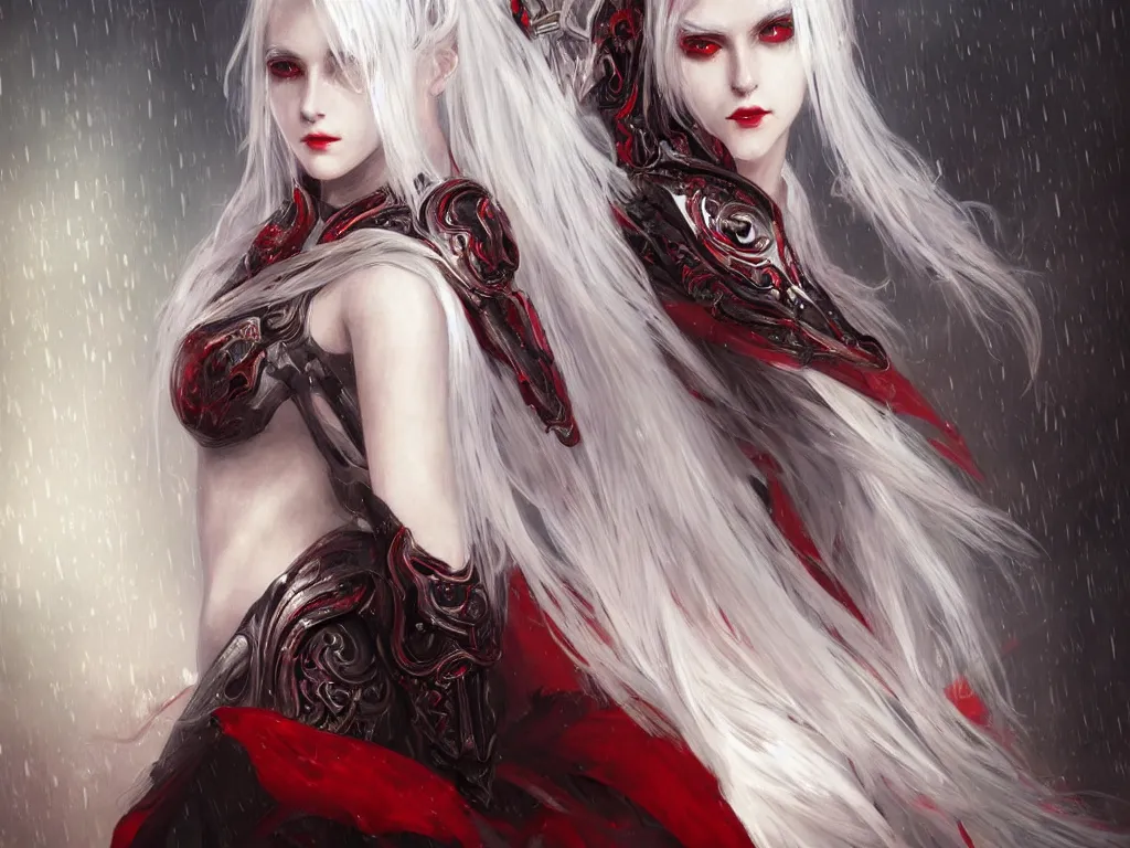 Image similar to portrait white hair sinister knights of zodiac girl + smoky eyes, black fire red color reflected armor, in ruined agora of athens rainy night, ssci - fi and fantasy, intricate and very very beautiful and elegant, highly detailed, digital painting, artstation, concept art, smooth and sharp focus, illustration, art by tian zi and wlop and alphonse mucha