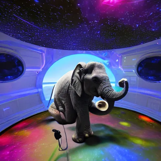 Prompt: a hyperrealistic 3D octane render of an elephant wearing oculus rift VR goggles, playing a keyboard inside of a dome planetarium with planets and galaxies, 8k, unreal engine, dramatic lighting, volumetric lighting, uplighting, ray tracing, photorealistic,