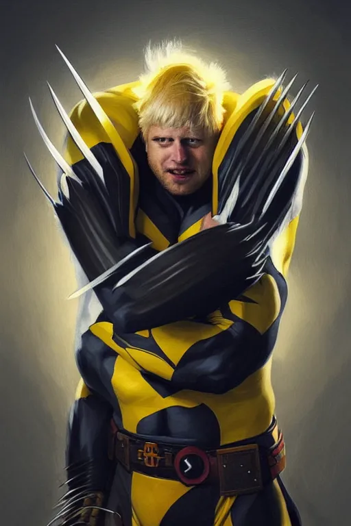 Prompt: Boris Johnson as calm but serious Wolverine, shining claws, yellow X-man costume, portrait, highly detailed, digital painting, artstation, concept art, smooth, sharp focus, illustration, cinematic lighting, art by artgerm and greg rutkowski and alphonse mucha