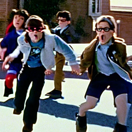 Prompt: film still from the movie 'Nerd Squad'' (1995). Exciting action scene. Sigma 85mm f/8