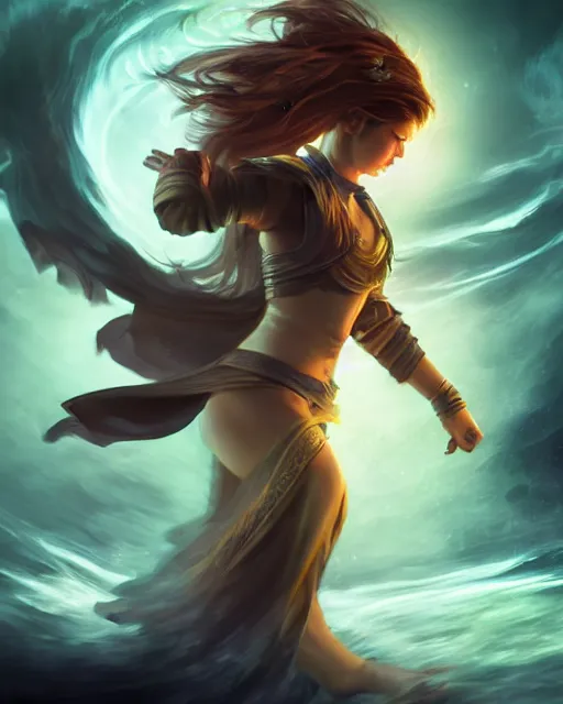 Image similar to full body portrait of a female halfling hobbit monk fistfighter, seeing a holy vision of her goddess, flowing robes and leather armor, sharp focus dynamic light painting by charlie bowater