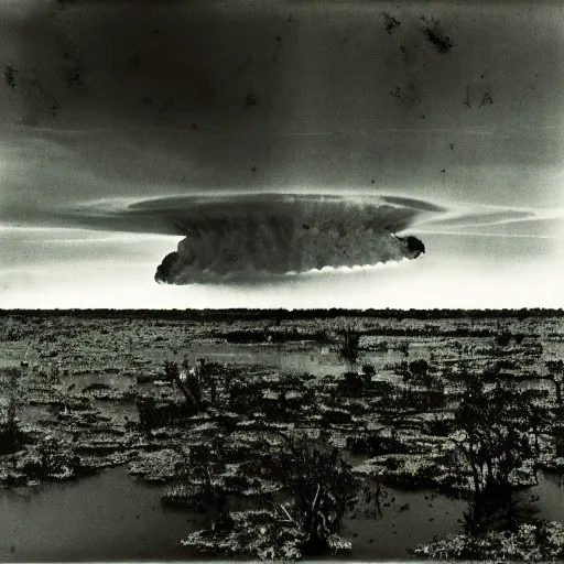 Prompt: dark photo of a nuclear explosion in the louisiana swamps, pictorialism