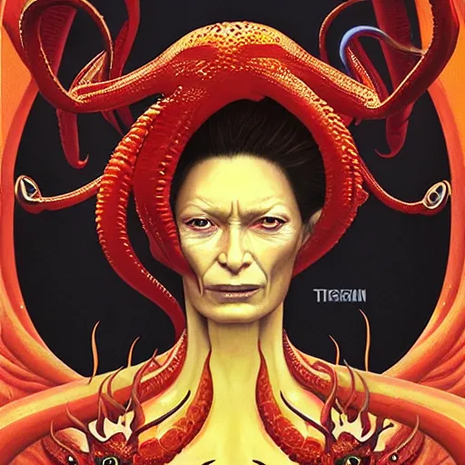 Prompt: queen of hell portrait of Tilda Swinton, fire and flame, big long hell serpent octopus, Pixar style, by Tristan Eaton Stanley Artgerm and Peter Mohrbacher and Tom Bagshaw and Boris Vallejo.