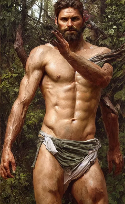 Prompt: god of the forest, 30 years old, rugged, male, gorgeous, detailed face, detailed hands!!!!!!, amazing, thighs!!!!!!, muscular, intricate, highly detailed, digital painting, artstation, concept art, sharp focus, illustration, art by greg rutkowski and alphonse mucha