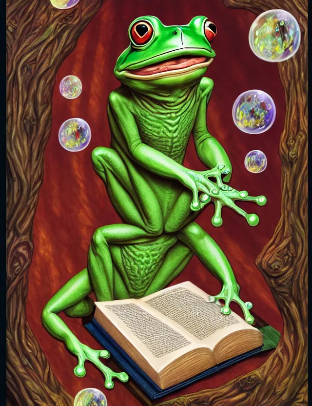 Prompt: anthropomorphic bipedal frog that is dressed as a medieval librarian, and holding a giant book in his hand, as a matte oil painting and d & d character art, by alex grey, standing, fullbody, floating bubbles, scrolls, scribe, concept art, award - winning, extremely detailed, sharp focus