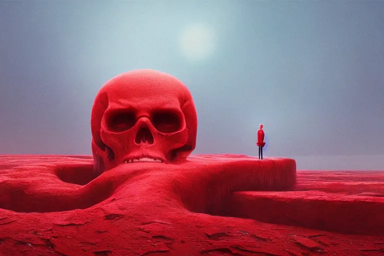 Image similar to a hd render of a floating red skull, surreal frozen landscape, cinematic lighting, by beeple and zdzisław beksinski