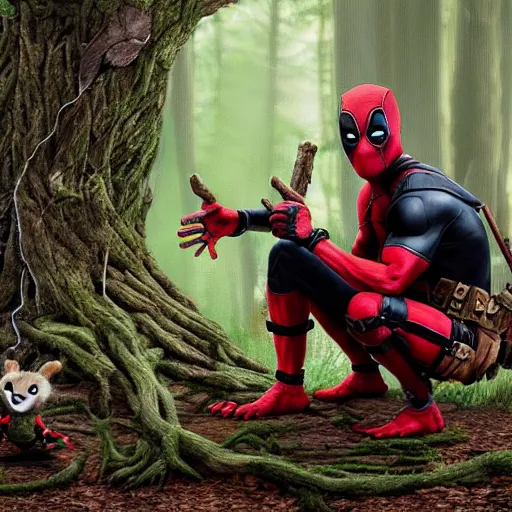 Image similar to deadpool and groot in the woods playing digital art 4 k detailed