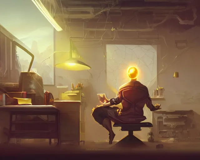 Image similar to an insanely detailed painting of a nerdy asian man wearing a superhero costume, sitting at a desk, staring at the nervously at the computer and typing, in the style of peter mohrbacher, dramatic lighting and composition, surreal background, octane render, pixar, trending on artstation, concept art, comic book, view from behind