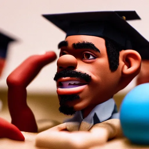 Image similar to a cinematic film still of a claymation stop motion film starring chance the rapper as a college student, shallow depth of field, 8 0 mm, f 1. 8