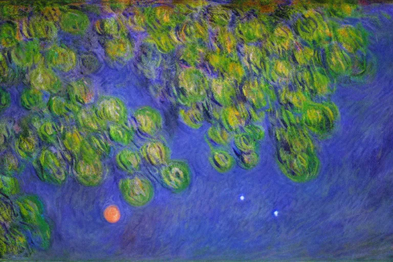 Prompt: Claude Monet oil painting of an extraterrestrial planet with exotic alien flora, vivid colors, unimaginable, breathtaking, masterpiece