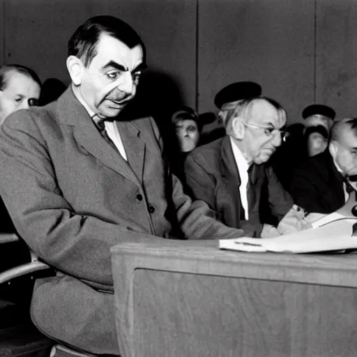 Prompt: mr bean sitting at the nuremberg trials being charged for war crimes