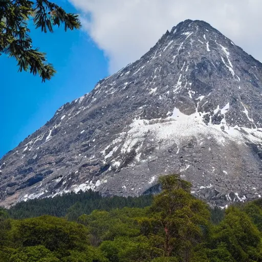 Image similar to A huge mountain with a giant tree on the top, view from far away,