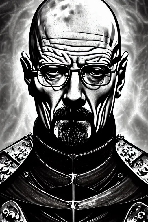 Prompt: Walter White beautiful luxury and evil and victorian and gothic medieval white armor knight portrait+front face, ultradetail face, ruined gothic cathedral, art and illustration by tian zi and craig mullins and WLOP and alphonse mucha, ssci-fi, fantasy, intricate complexity, human structure, hypermaximalist, fantasy character concept, dynamic lighting, neon light, watermark, blurry, hyperrealism 8k