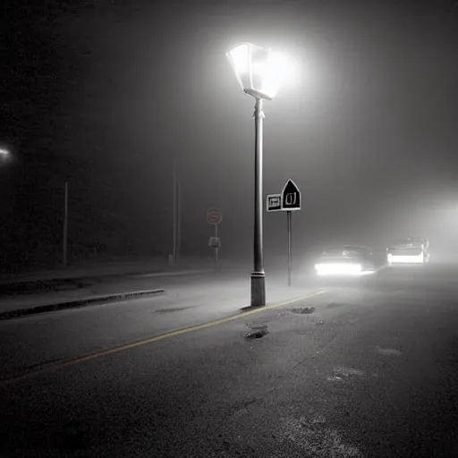 Image similar to A stunningly beautiful award-winning 8K high angle close up cinematic movie photograph of a 4-way stop light in a spooky foggy empty lightless moonlit main intersection in an abandoned 1950s small town at night, by David Fincher and Darius Khonji, perfect composition, from roofline, moody low key backlit. Color palette from Seven, greens yellows and reds. 2 point perspective, high angle from 15 feet off the ground. Octane render