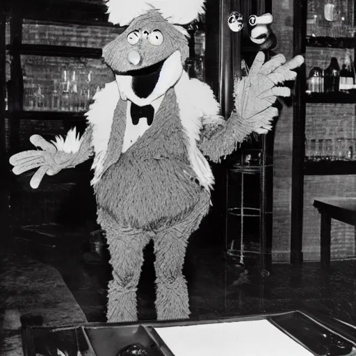 Prompt: a black and white photograph of gonzo the muppet at a speakeasy, national archives (1935)