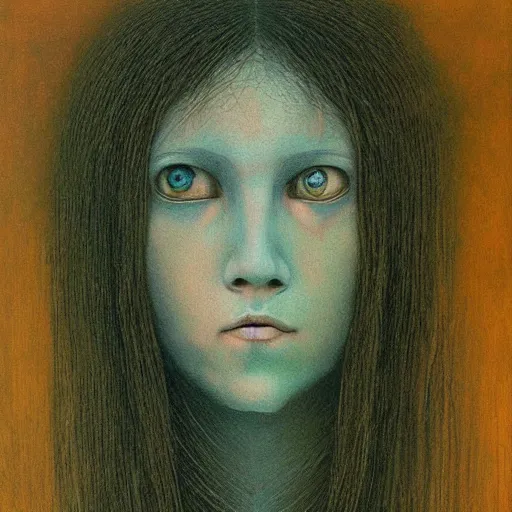 Image similar to portrait painting of wolf girl by Beksinski