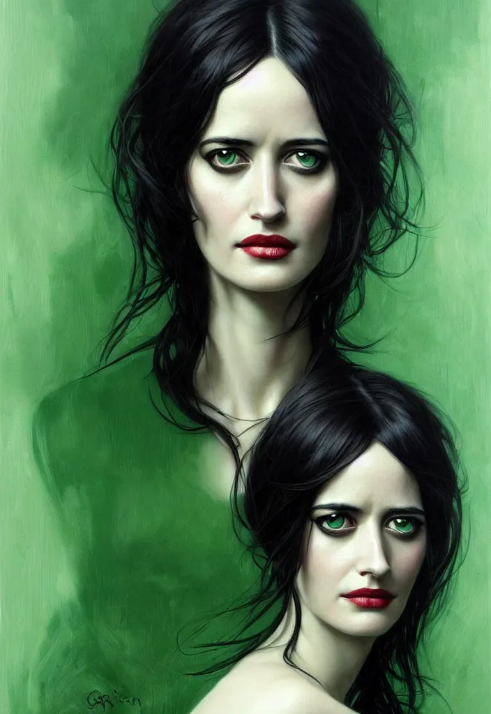 Image similar to portrait of eva green, black hair, green eyes, elegant, real life skin, intricate artwork, high detailed, artstation, concept art, smooth, sharp focus, art by artgerm and greg rutkowski @ ruprechy