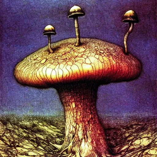 Image similar to strange mushroom by beksinski, luis royo and arthur rackham