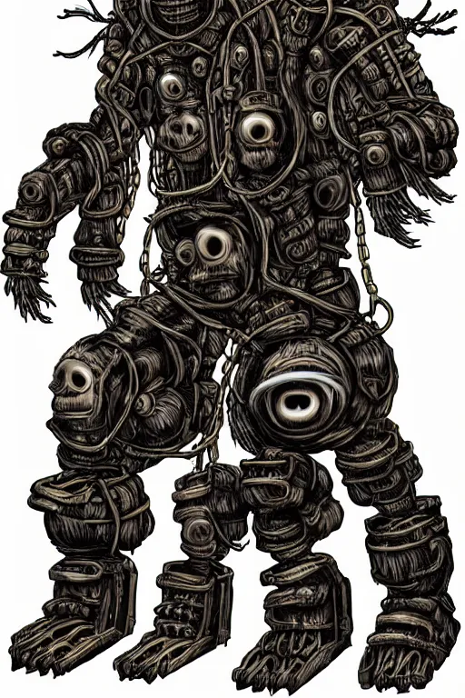 Prompt: wild monstorous anthropomorphic biomechanical bear shaman-warrior wearing chains made of tiny human skulls and other voodoo artifacts. Wearing dreadlocks made of cables and wires. Upgraded with hightech cyberwares. huge, big, giant bear human hybrid, mecha animal, tall, detailed woodcut armor, terrifying and dangerous, scary, beautiful, steampunk monster android hybrid art portrait, matte scifi fantasy painting, half robot half bear. DeviantArt Artstation, by Jason Felix by Steve Argyle by Tyler Jacobson by Peter Mohrbacher, cinematic lighting