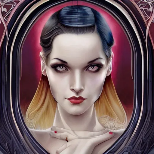 Image similar to an art nouveau, ( streamline moderne ), multi - racial portrait in the style of anna dittmann and charlie bowater and chanthara. very large, clear, expressive, and intelligent eyes. centered, ultrasharp focus, dramatic lighting, photorealistic digital matte painting, intricate symmetrical ultra detailed background.