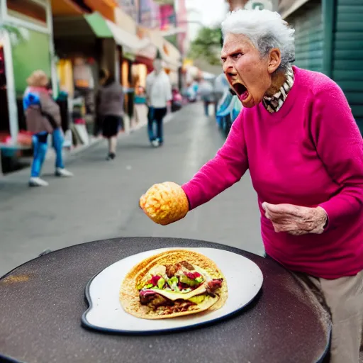 Prompt: elderly woman screaming at a taco, canon eos r 3, f / 1. 4, iso 2 0 0, 1 / 1 6 0 s, 8 k, raw, unedited, symmetrical balance, wide angle