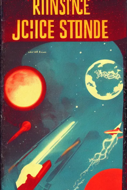 Prompt: vintage science fiction book cover, depicting a strange journey, red color bleed, warm tones, film grain, focus